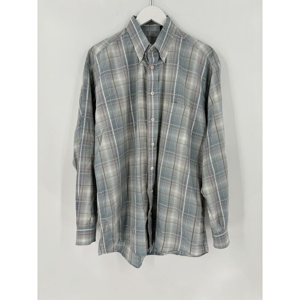 Burberry Vintage Button Down Mens Large Blue White Tartan Plaid Long Sleeves